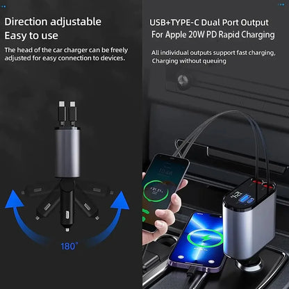 4-in-1 Retractable Fast Car Charger (USB-C & Lightning)