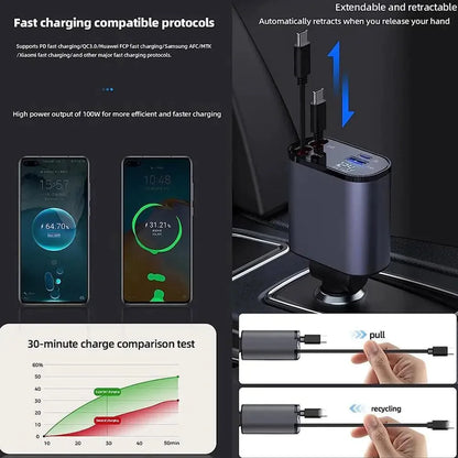 4-in-1 Retractable Fast Car Charger (USB-C & Lightning)