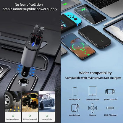 4-in-1 Retractable Fast Car Charger (USB-C & Lightning)